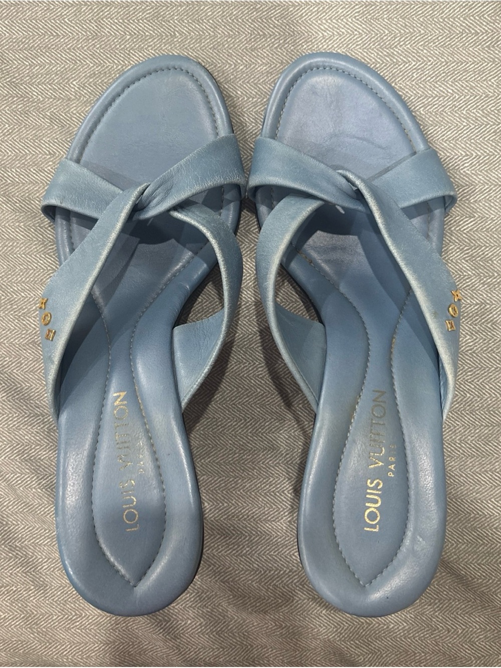 Louis Vuitton Light Blue Leather Crisscross Slide Sandals - Picture 1 of 9
